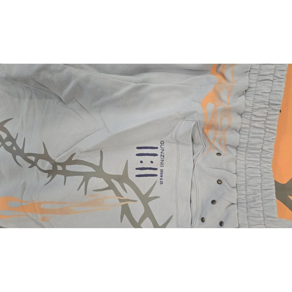 Gunzinii Denim Co Mens Grey Orange Flame Western 11:11 T-Shirt & Pants Set XL